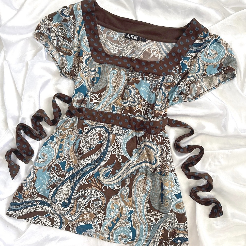 Apt. 9 Womens Paisley Tunic Top Blue Brown Square Neck Short Sleeve Size S
